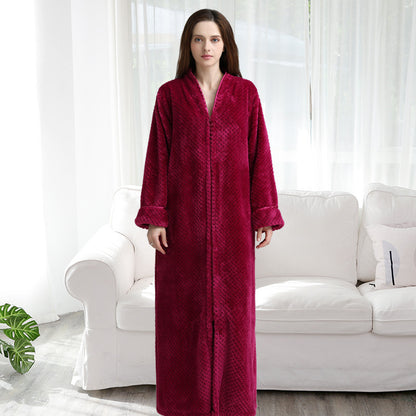 Couples Winter Fashion Casual Home Solid Color Flannel V Neck Long Sleeve Zipper Robes Sleepwear