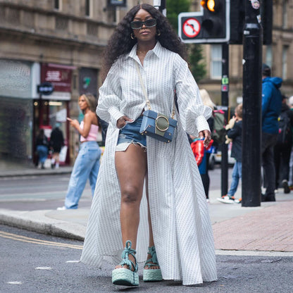 Women Stripe Printing Fashion Casual Long Plus Size Shirt Dress