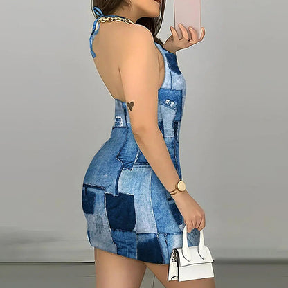 Women Summer Casual Sleeveless Halter Neck Tie-Up Denim Printed Backless Short Dress