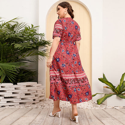 Vestido largo informal floral de manga corta con cuello en V estilo bohemio de talla grande para mujer