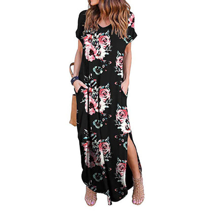 Vestido largo informal bohemio de verano para mujer, con estampado floral, manga corta, abertura lateral y cuello en V