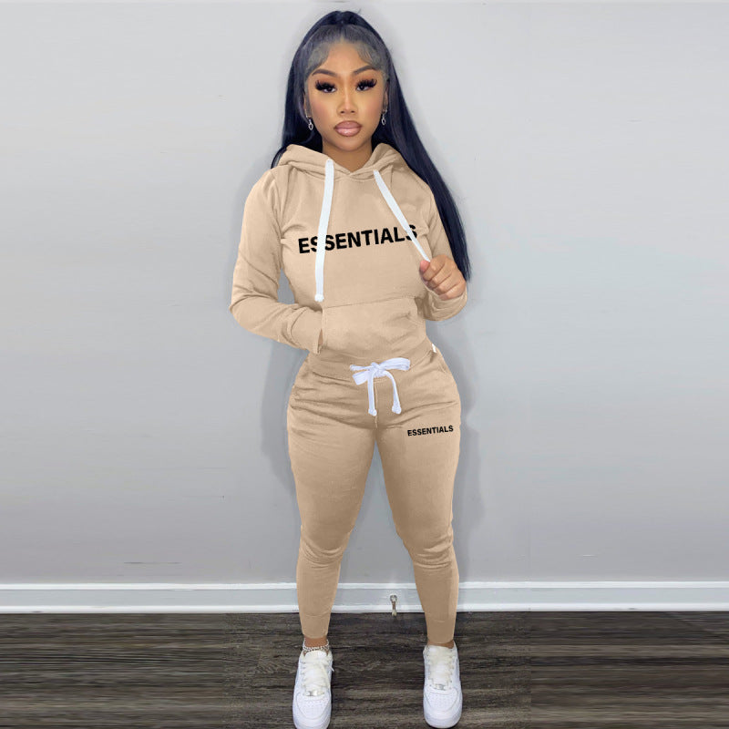 Fashion Women Athleisure Casual Style Letter Print Hoodied Drawstring Sweatpants Two-Piece Set