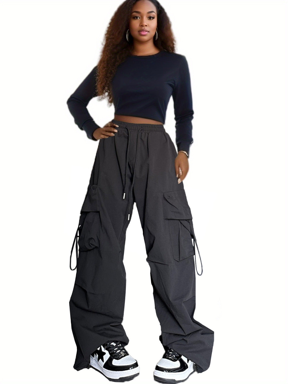 Women Fashion Casual Solid Color Multi-Pocket Drawstring Wide-Leg Pants