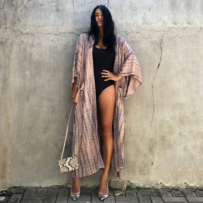 Traje de baño de bikini de playa de manga larga holgado con estampado para mujer, traje de baño informal para vacaciones