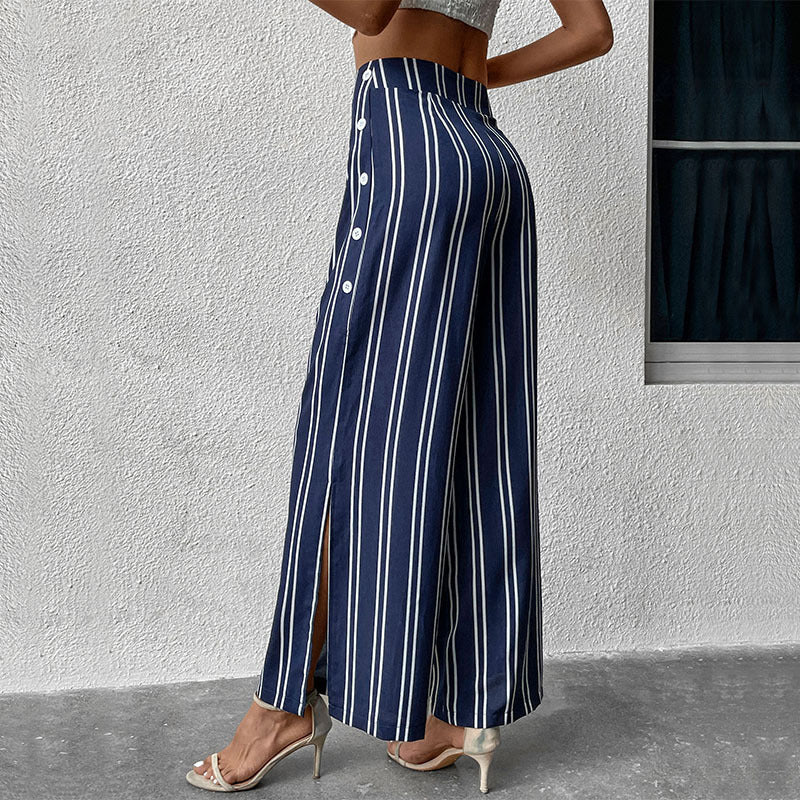 Summer Women Casual Simple Stripe High Waist Slit Wide Leg Pants