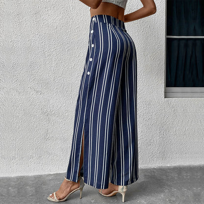 Summer Women Casual Simple Stripe High Waist Slit Wide Leg Pants