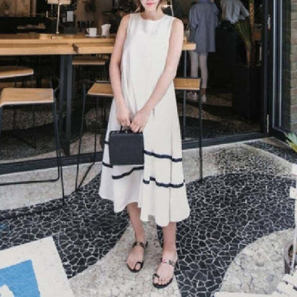 Summer Women Casual Loose Sleeveless Crewneck Maxi Dress