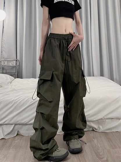 Retro Casual Women Straight Loose Wide-Leg Solid Color Side Pocket Cargo Pants