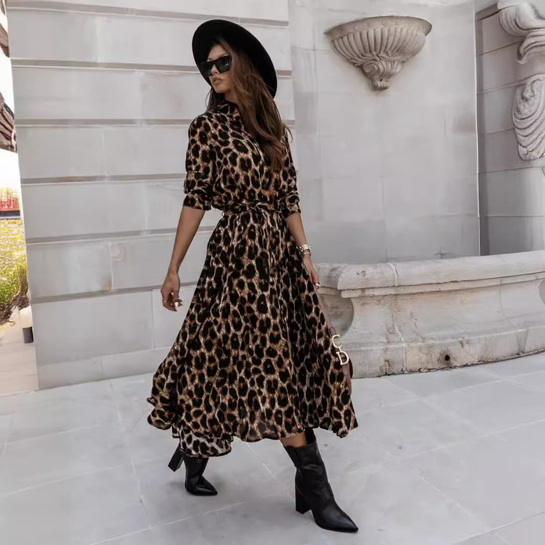 Vestido midi informal con estampado de leopardo y manga larga para mujer, otoño e invierno