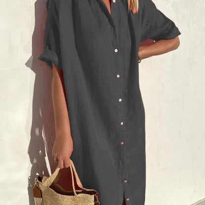 Women Elegant Casual Loose Short-Sleeved Button Cotton Linen Long Pocket Maxi Shirt Dress