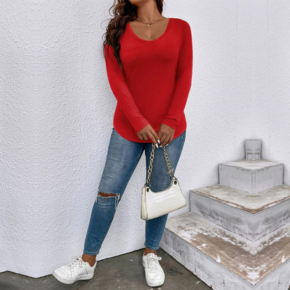 Women Fashion Casual Solid Color V-Neck Long Sleeve Plus Size Top
