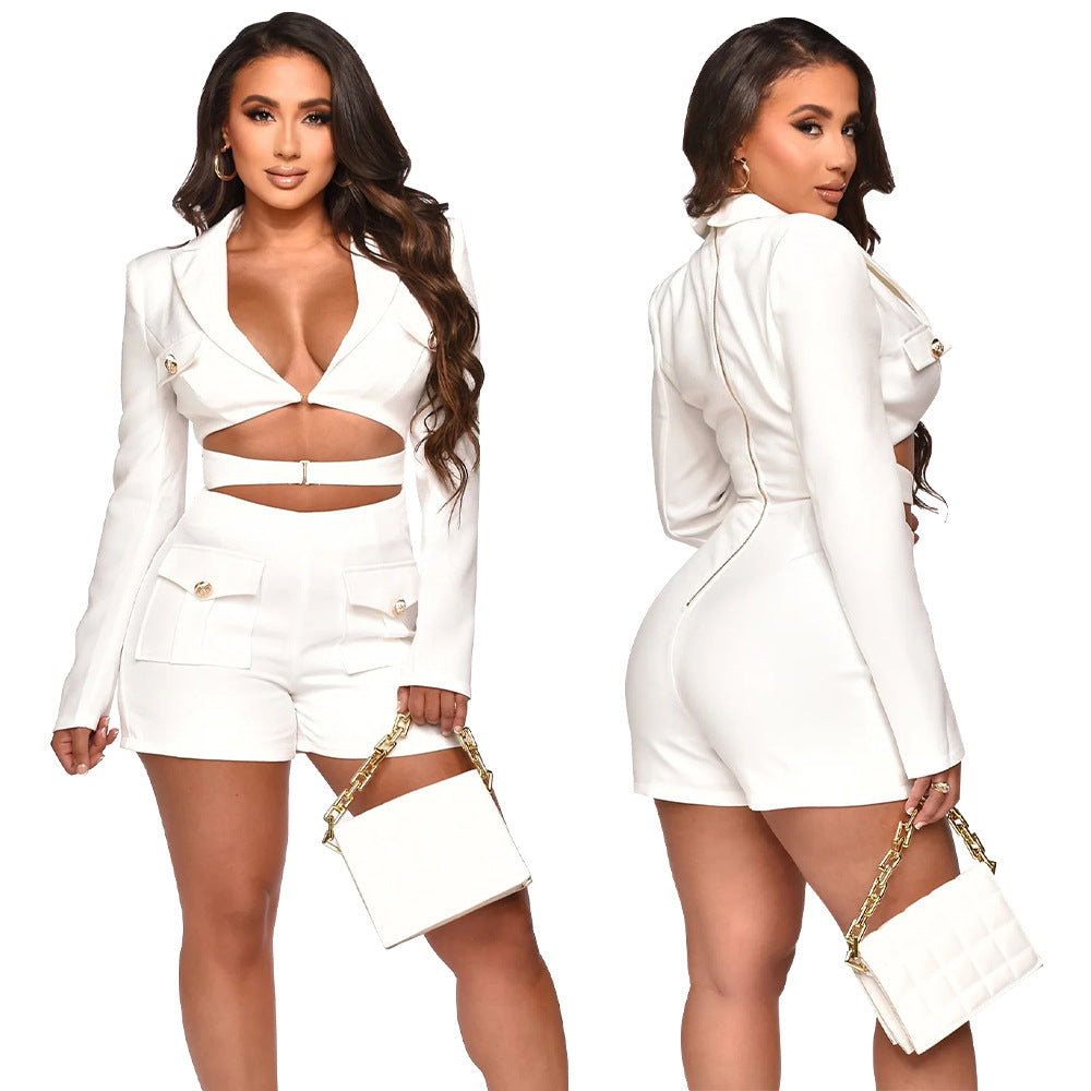 Women Fashion Casual Deep V Hollow Long Sleeve Rompers