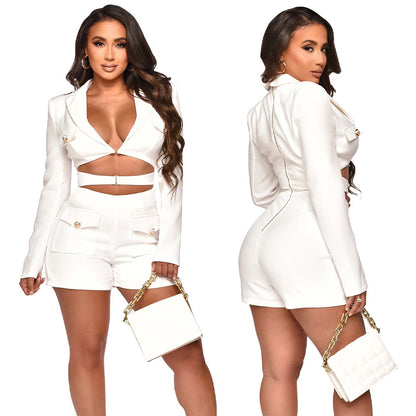 Women Fashion Casual Deep V Hollow Long Sleeve Rompers