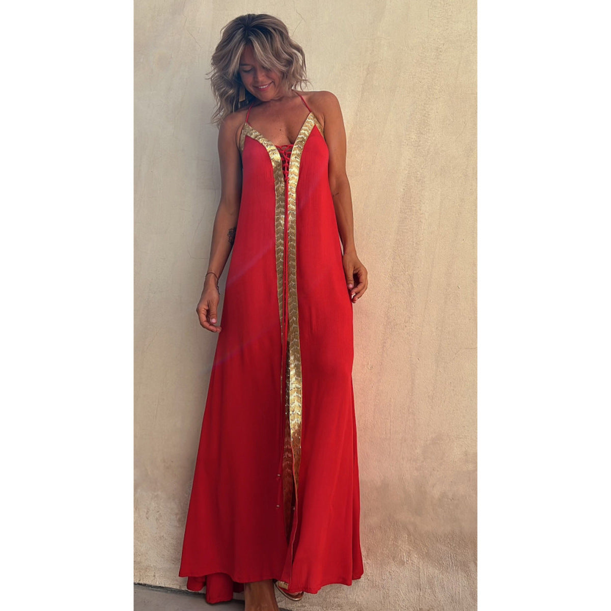 Spring And Summer Halter Neck Casual Loose Vacation Women Maxi Sun Dress