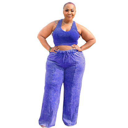 Casual Fashion Plus Size Women Athleisure Solid Color Crop Top And Pants Set