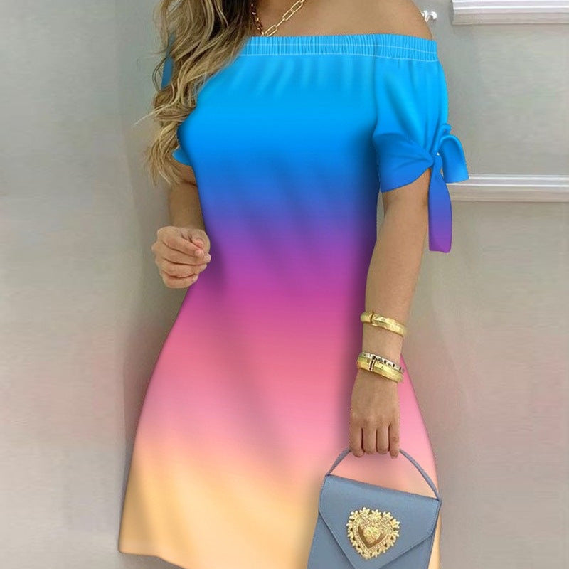 Women Casual Off-The-Shoulder Short Sleeves Color Blocking Dress