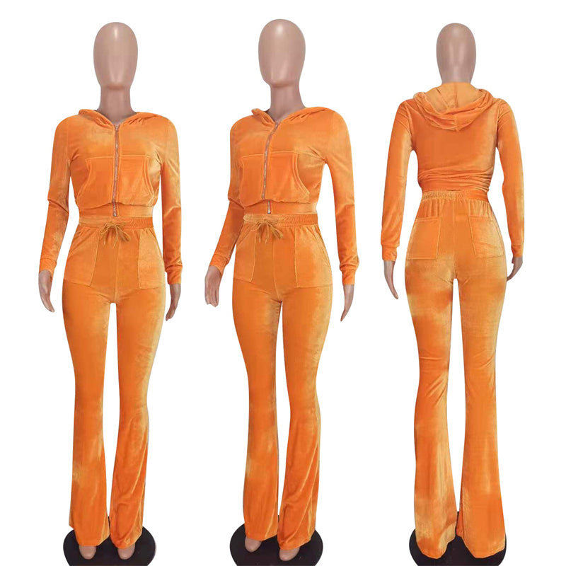 Conjunto de dos piezas deportivo informal para mujer, con capucha, manga larga, pantalones acampanados y cremallera de terciopelo de color liso