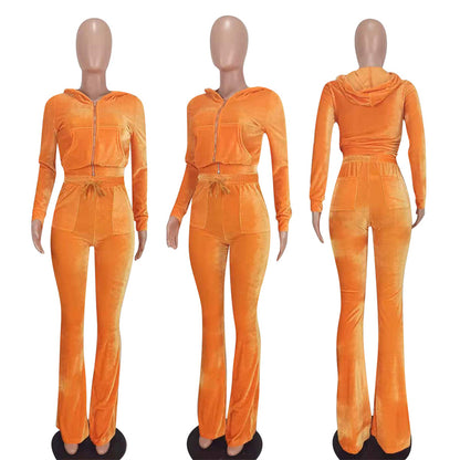 Conjunto de dos piezas deportivo informal para mujer, con capucha, manga larga, pantalones acampanados y cremallera de terciopelo de color liso