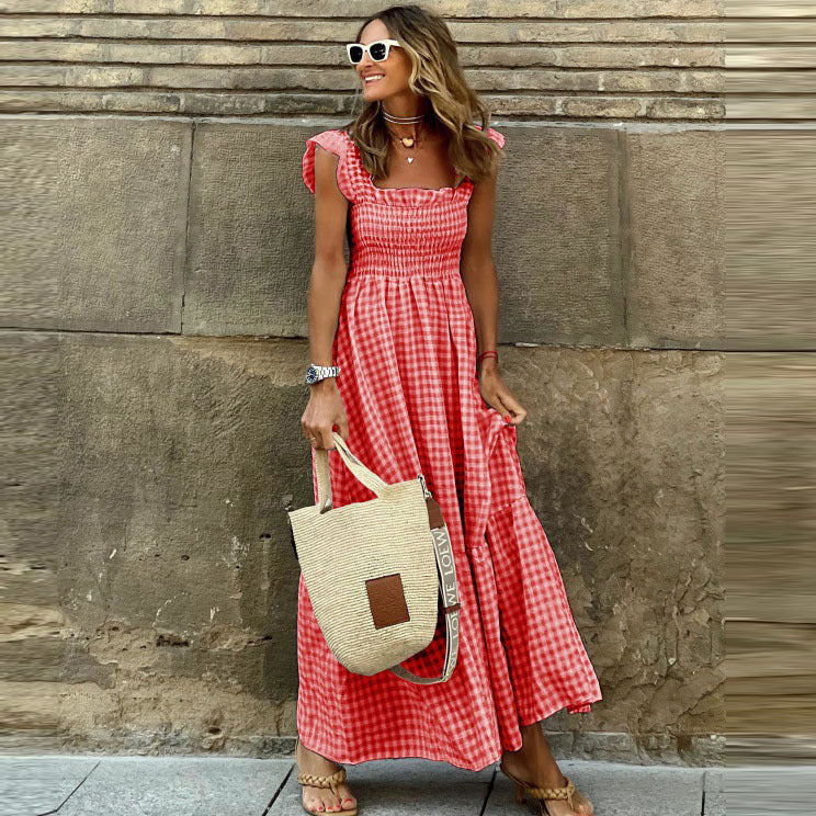 Women Fashion Casual Vacation Boho Plaid Pattern Ruffled Maxi Dress