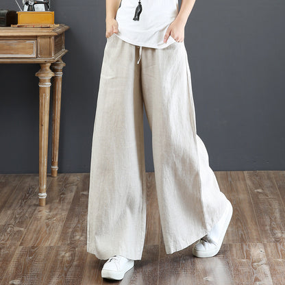 Women Fashion Casual Solid Color Cotton Linen High Waist Wide Leg Pants
