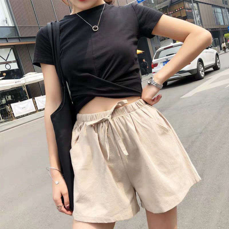 Women Casual Loose High Waist Solid Color Wide-Leg Shorts