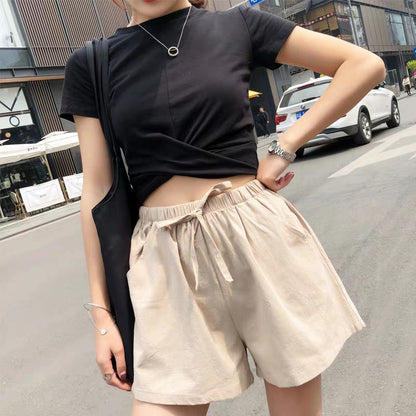 Women Casual Loose High Waist Solid Color Wide-Leg Shorts