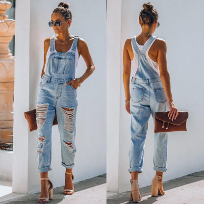 Women Fashion Casual Broken Denim Jumpsuits