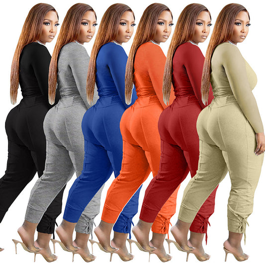 Conjunto informal de dos piezas para mujer: top corto de color liso con cuello en V y pantalón de tiras