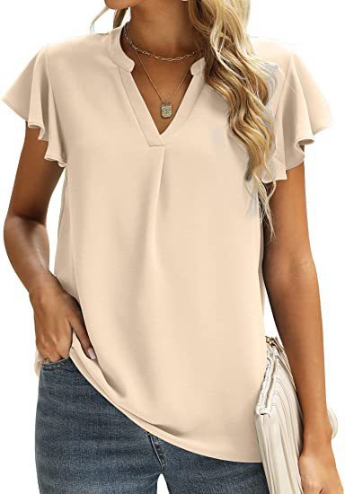 Blusa informal de gasa de color liso con cuello en V y mangas cortas con volantes para mujer