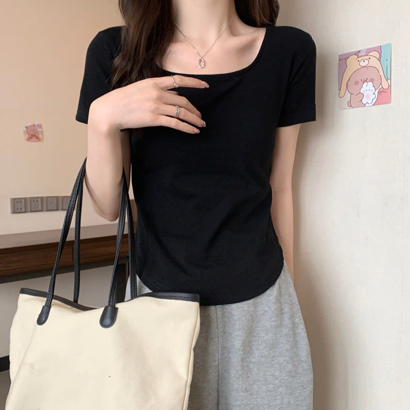 Camiseta informal de manga corta con cuello en U y color liso para mujer