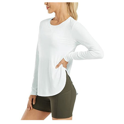 Camiseta informal holgada de manga larga con cuello redondo y color liso para mujer