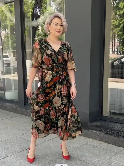 Vestido informal de manga corta con cuello en V y estampado floral para mujer, talla grande