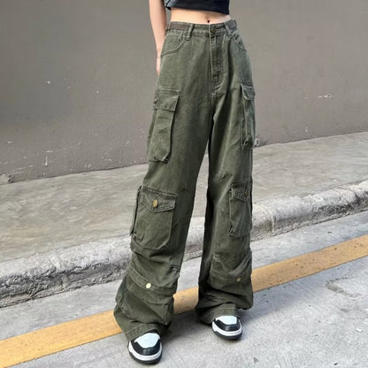 Pantalones anchos multibolsillos holgados informales de moda para mujer