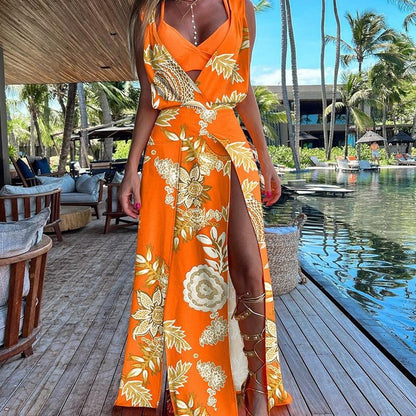 Vestido largo informal de moda para mujer, con estampado floral, sin mangas y abertura lateral
