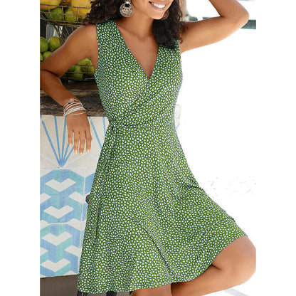 Women Elegant Casual Polka Dot V Neck Sleeveless Bandage Beach Summer Bohemian Plus Size Dress