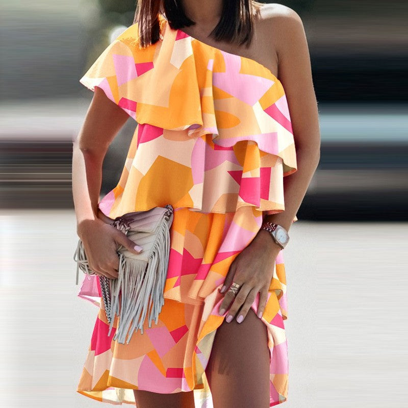 Women Elegant Bohemian Ruffled Casual Floral Print Oblique Shoulder Dress
