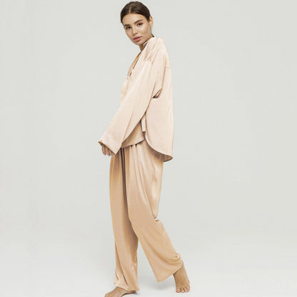 Conjunto de pijama de seda helada de manga larga de satén informal a la moda para mujer