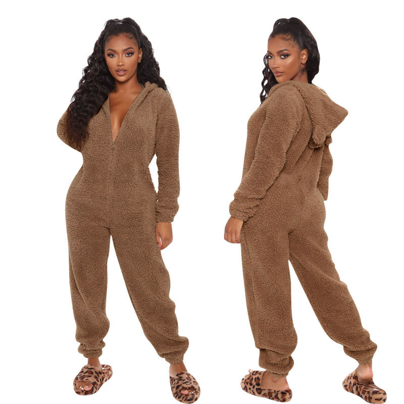 Women Long Sleeve Hooded Plush Casual Jumpsuits Pajamas