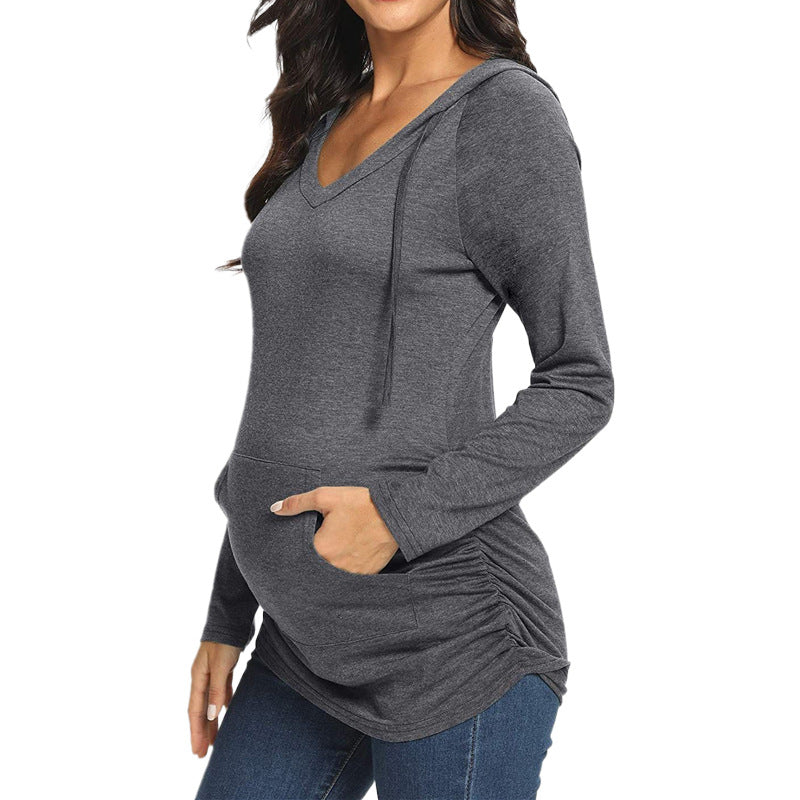 Pregnant Women Casual Solid Color V-Neck Long Sleeve Hooded Top