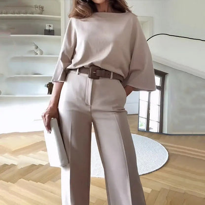 Summer Spring Casual Solid Color Blouse Pants Set