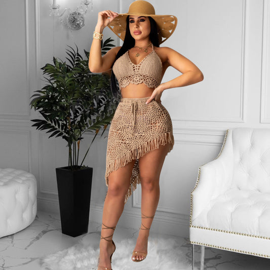 Traje de baño de dos piezas con borlas, informal, sexy y calado para mujer