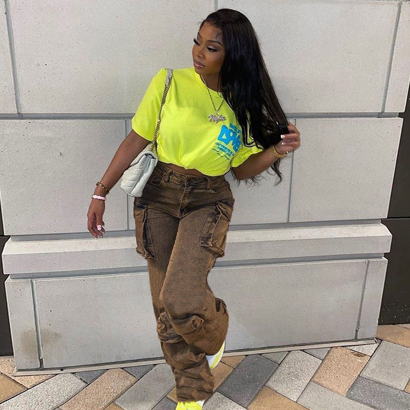 Pantalones cargo de cintura alta de color sólido casuales de moda para mujer