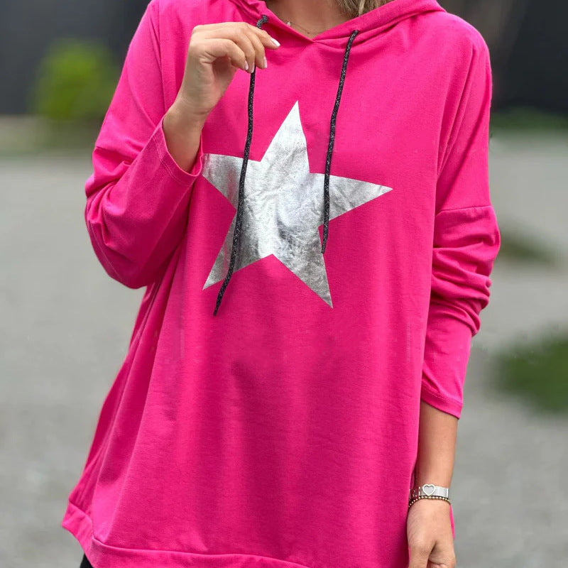 Sudadera con capucha de manga larga con estampado de estrellas para mujer, informal y holgada