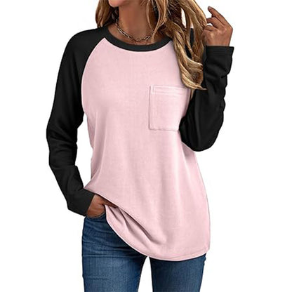 Camiseta informal de manga larga con cuello redondo y bolsillo para mujer