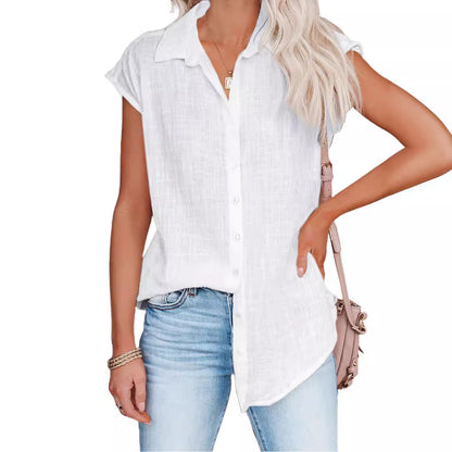 Blusa informal holgada de color liso con solapa y botonadura sencilla sin mangas para mujer
