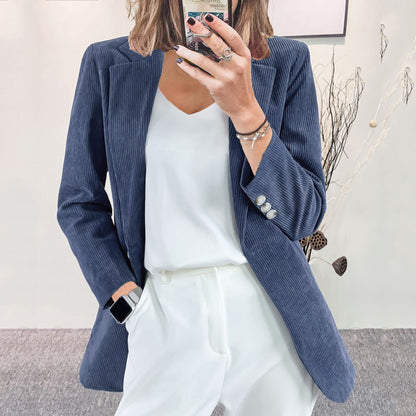 Women Fashion Casual Solid Color Corduroy Lapel Long-Sleeve Slim-Fit Jacket