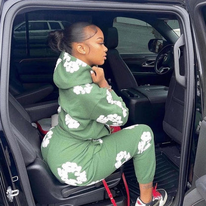 Women Fashion Casual Floral Printed Hooded Long-Sleeved Sweatshirt Pants Two-Piece Set