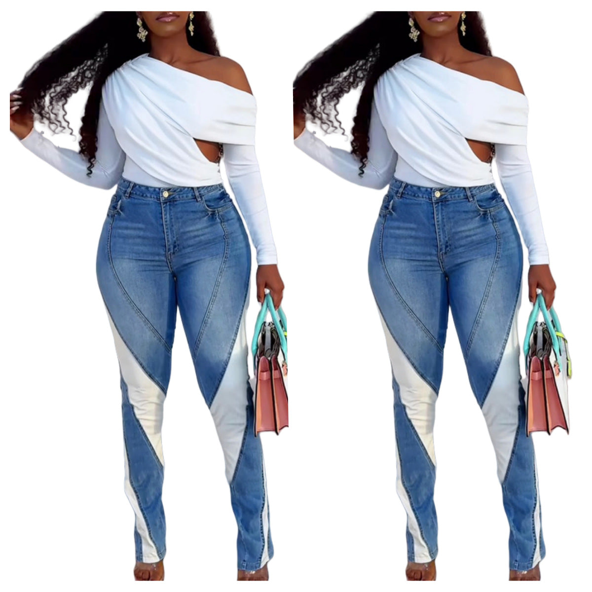 Women Fashion Casual Colorblock Skinny Jeans