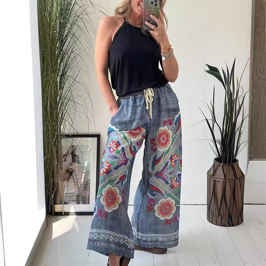 Ethnic Vintage Boho Women Spring And Summer Lace-Up Imitation Denim Floral Printed Pocket Loose Casual Pants