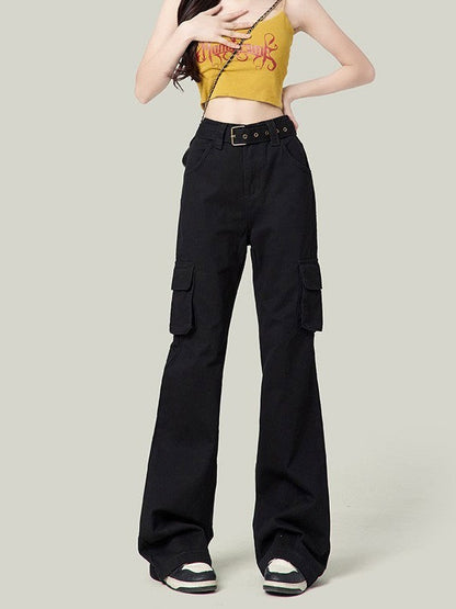 Retro Casual Women High Waist Spice Solid Color Pocket Cargo Pants